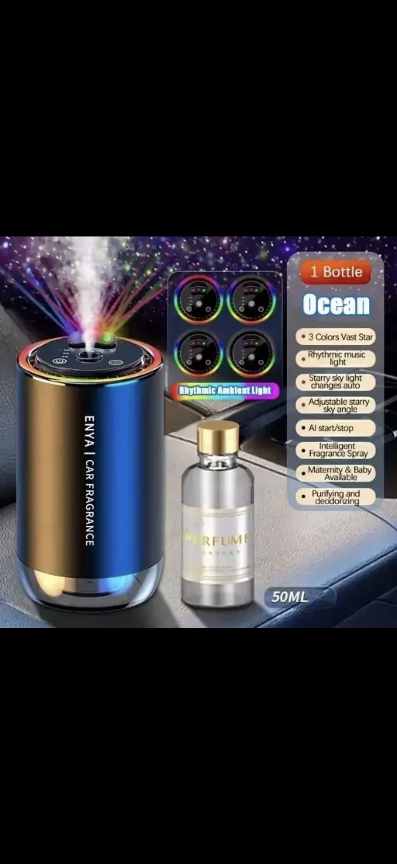 جنس بدنه:: آلیاژ آلومینیوم 		 نورپردازی: 5حالت نور پردازی 		 نور لیزر: دارد / سه رنگ آبی و قرمز و سبز.. 		امکان چرخش نور لیزر برای تنظیم روی سقف 		 حجم مخزن: 50 میلی لیتر