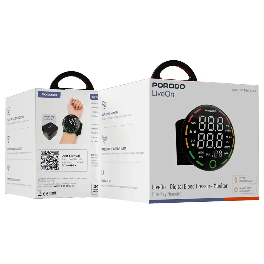 دستگاه فشارسنج دیجیتال مچی پرودو Porodo LiveOn Digital Blood Pressure Monitor PDW01B