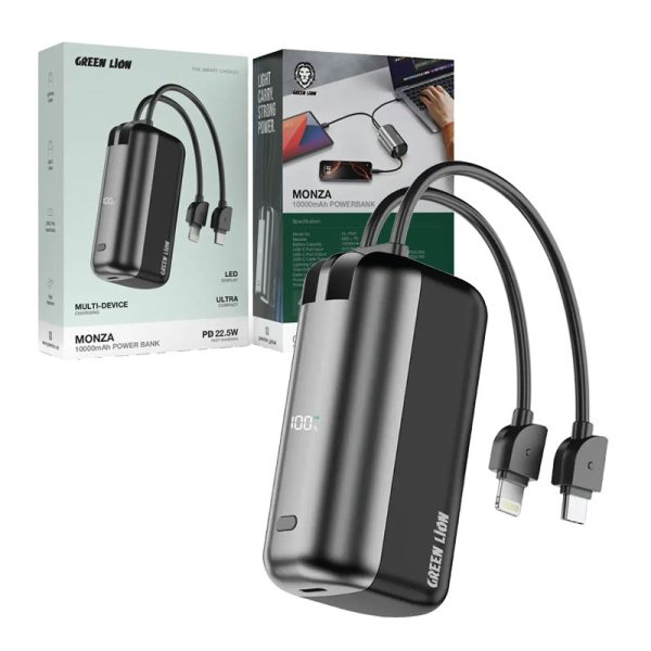 پاوربانک 10000mAH سوپرفست کابل متصل گرین لاین مدل مونزا Green Lion Power Bank Monza 10000mAh 22.5 W