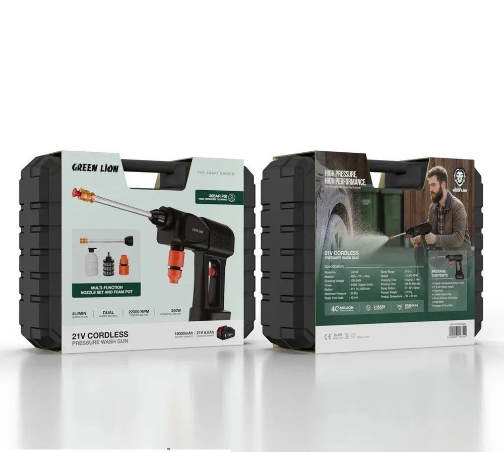 کارواش شارژی 240W قابل حمل گرین لاین مدل 21V Cordless ا Green Lion 21V Cordless Pressure Wash Gun GN21VCPRWGNBK