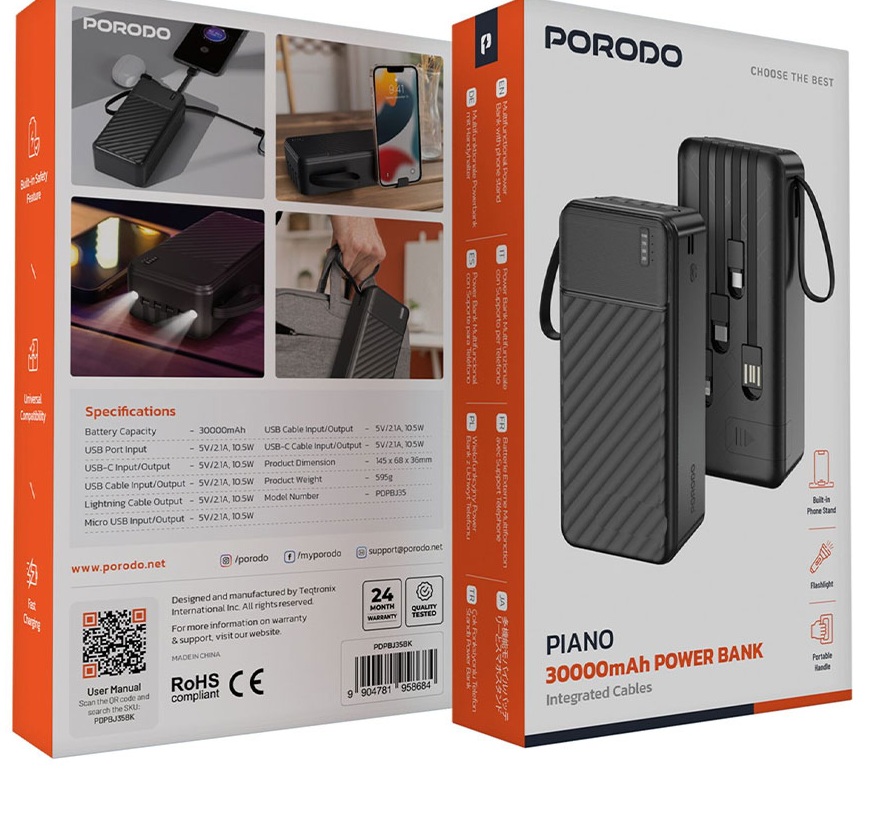 پاوربانک 30000 هزار 10 وات پیانو پرودو مدل Porodo Piano 30000mAh 10w PDPBJ35BK