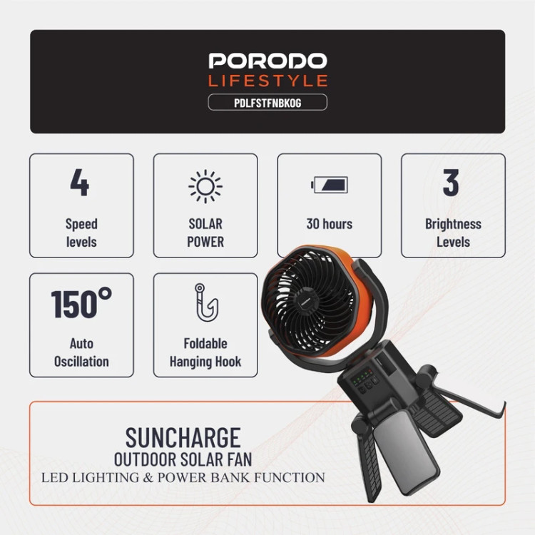 پنکه شارژی و پاوربانک خورشیدی پرودو مدل Suncharge Outdoor Solar Fan