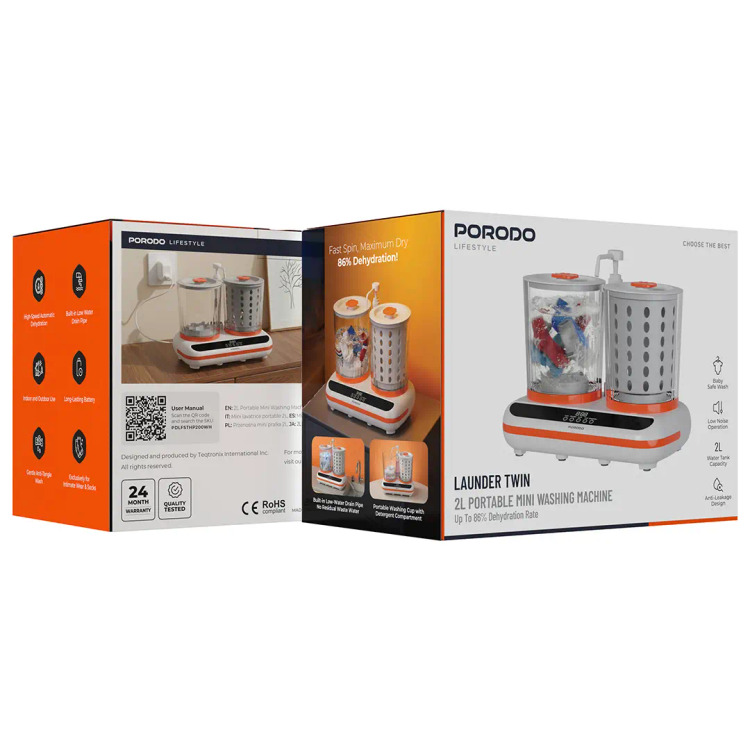 مینی لباسشویی و خشککن شارژی پرودو مدل Porodo Lifestyle Launder Twin ظرفیت 2 لیتر