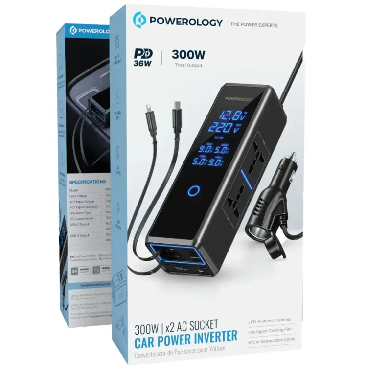 اینورتر فندکی 300 واتی دو پریز برق پاورولوژی(PWCPI300W)Powerology 300W x2 AC Socket Car Power Inverter – Black