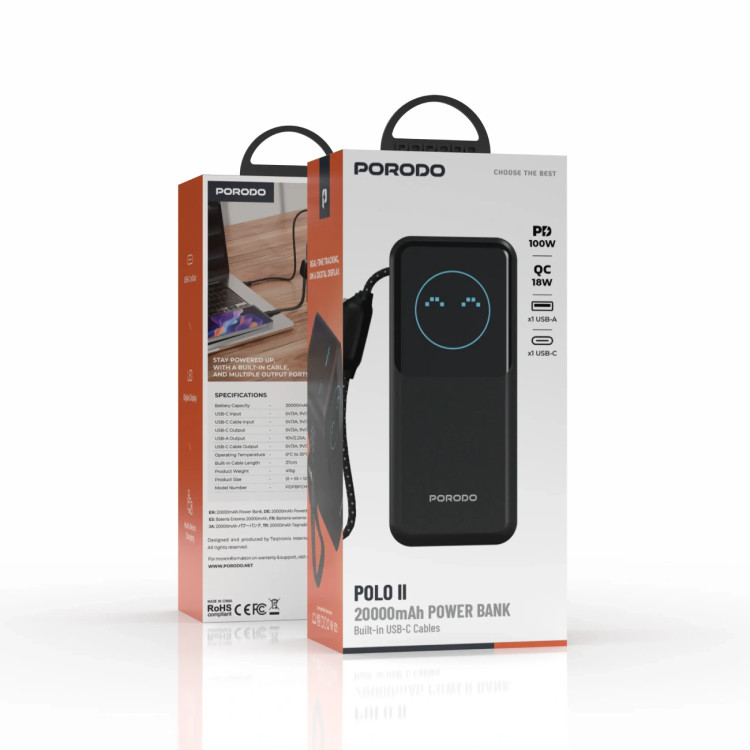 پاوربانک هوشمند 20000 میلی آمپر 100 وات پرودو Porodo POLO II 20000mAh Power Bank PDPBFCH0101