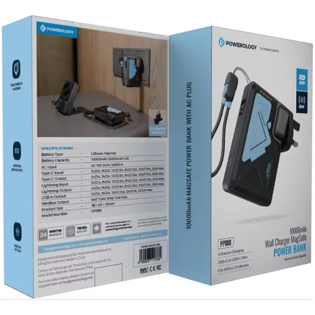 پاور بانک 10000 وایرلس و شارژر دیواری پاورولوژی Powerology PPBCHA80 برای آیفون و اندروید